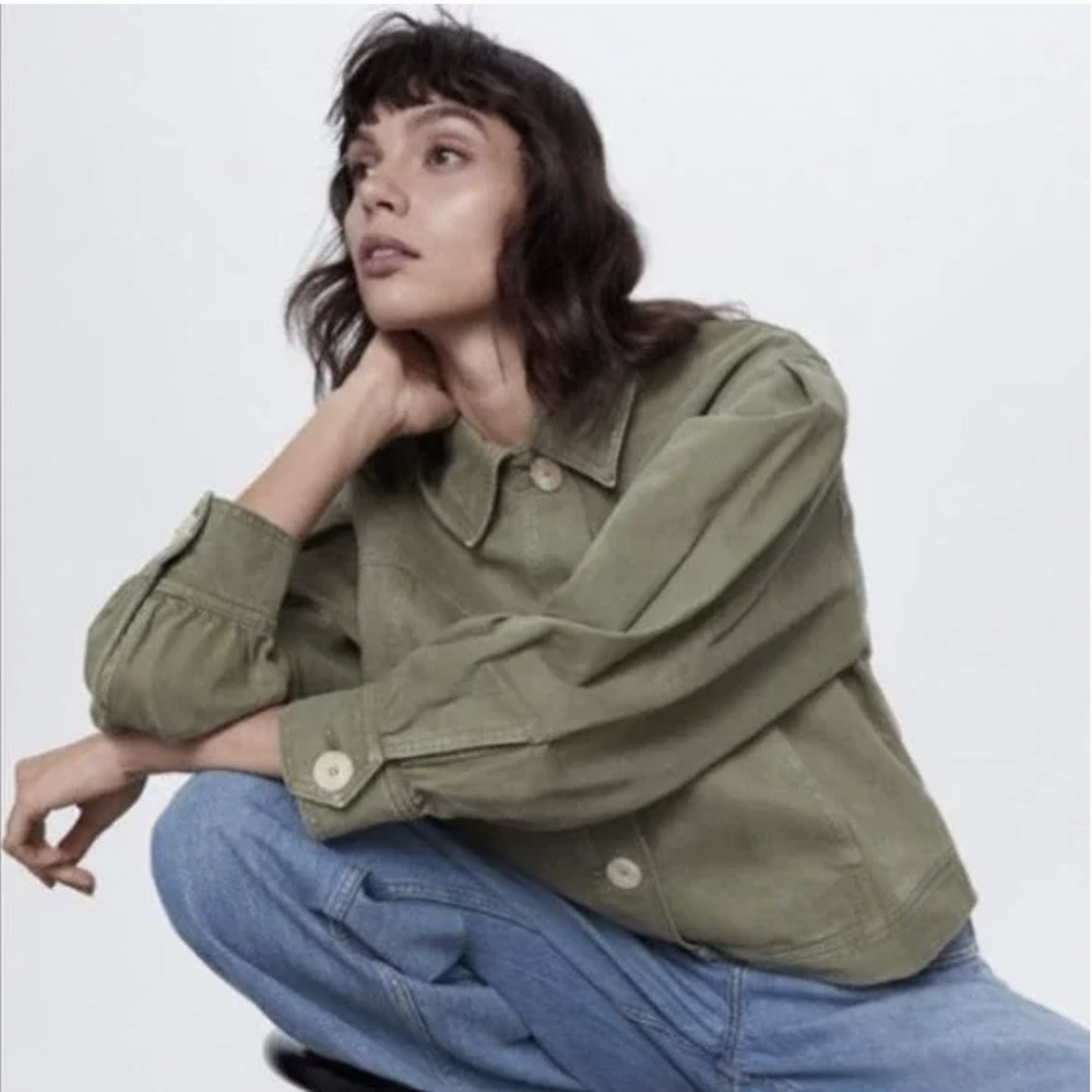 Zara Army Green‎ Cropped Boxy Lightweight Button Up Jacket - Picture 3 of 6